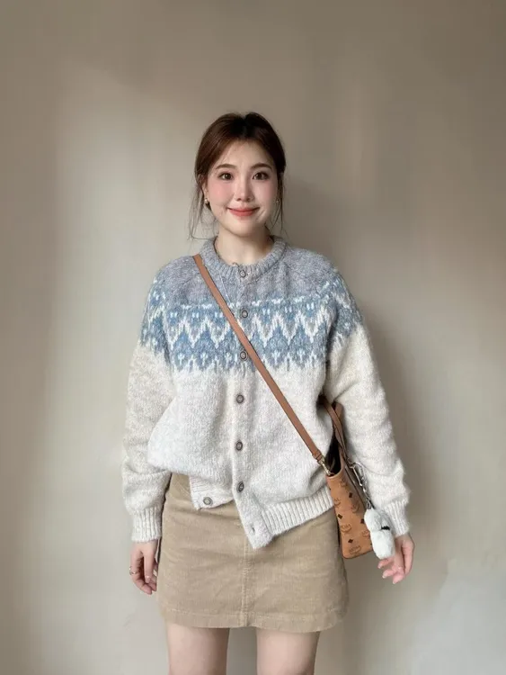 费尔岛毛衣女秋冬穿搭宽松慵懒风高级感圆领复古针织开衫外套