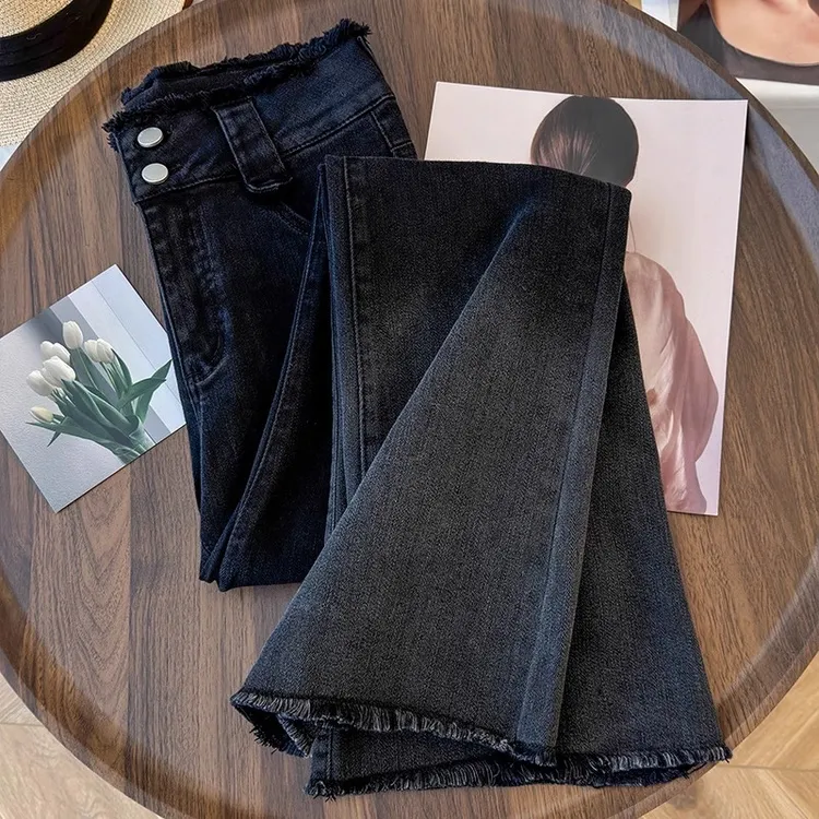 拉夏贝尔高腰牛仔裤女2025春秋新款设计感毛边微喇修身显瘦马蹄裤