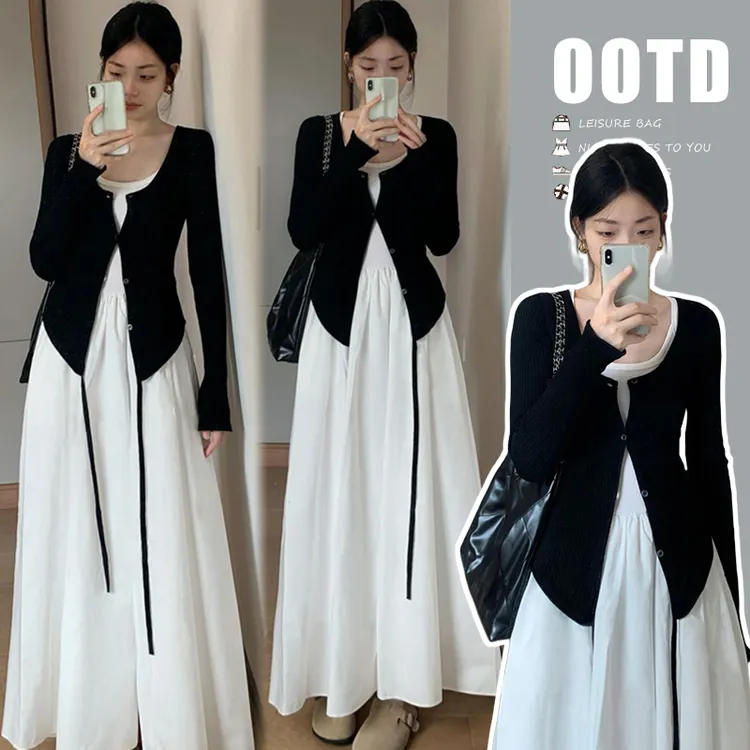 新款时尚孕妇装洋气潮流度假风精致复古开衫背心连衣裙两件套秋装