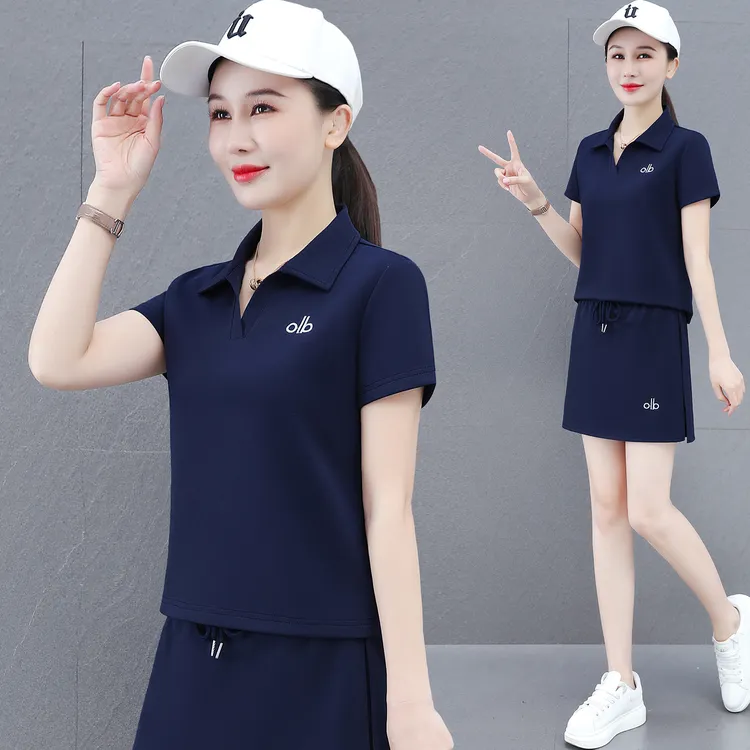夏季时尚洋气短袖POLO衫T恤休闲运动服套装女短裤裤裙韩版两件套