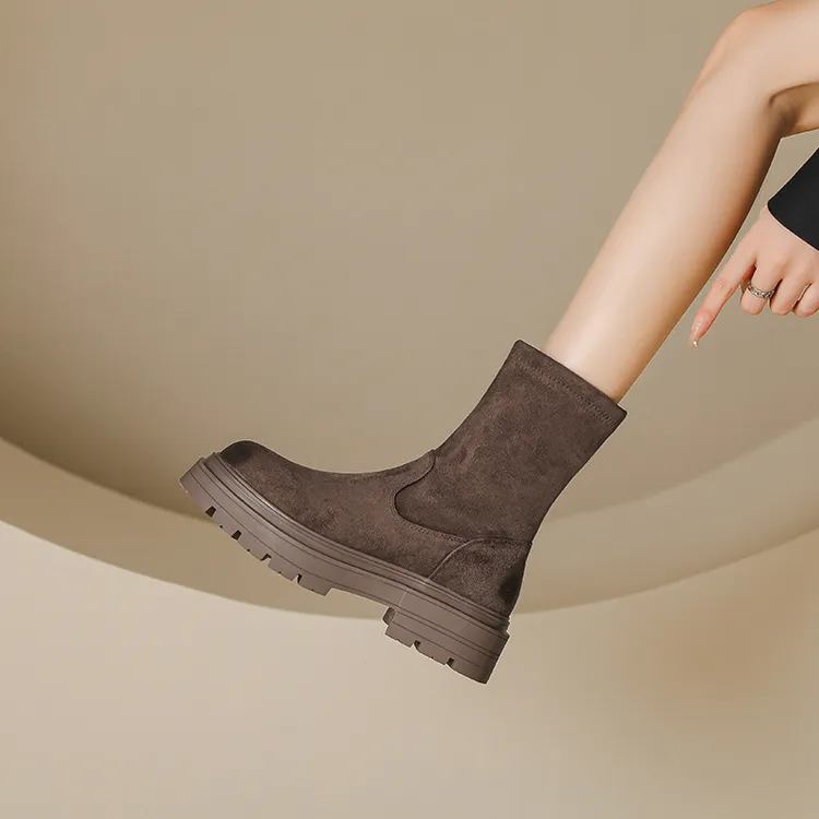 绒面短靴女2025秋冬新款英伦风复古弹力瘦瘦靴厚底短筒靴子骑士靴
