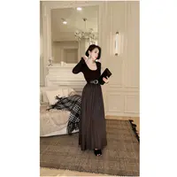 LYXJ【玛黑漫步】缎面拼接连衣裙2025秋季新款收腰显瘦赫本风约会裙