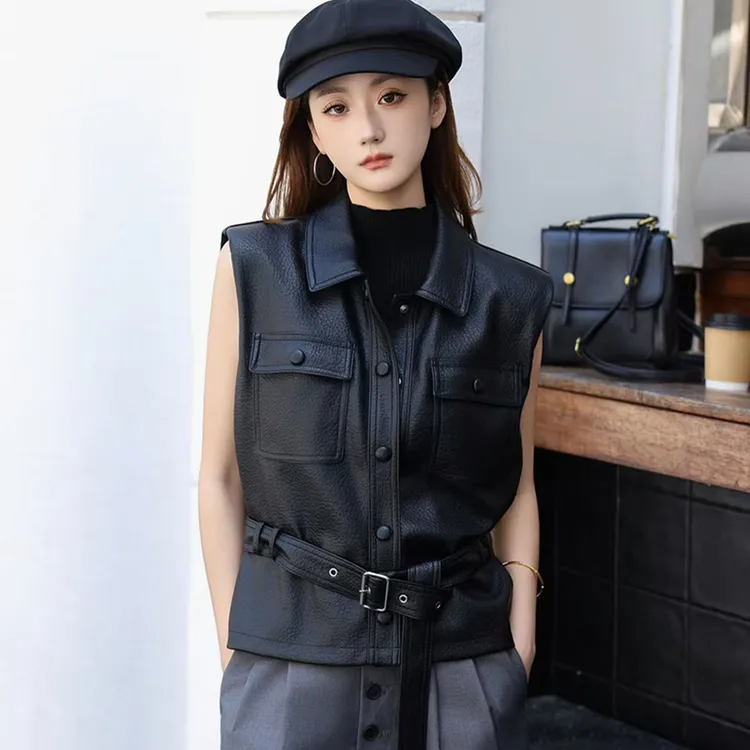 欧货PU皮马甲女2025秋季新款复古腰带收腰翻领无袖坎肩背心马甲女