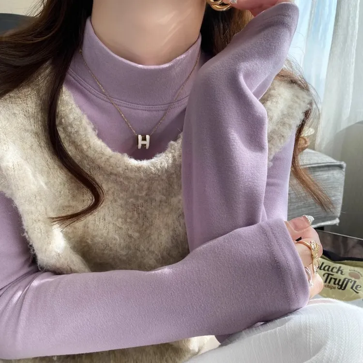 秋冬加绒磨毛半高领打底衫女内搭2025新款紫色德绒加厚高级感上衣