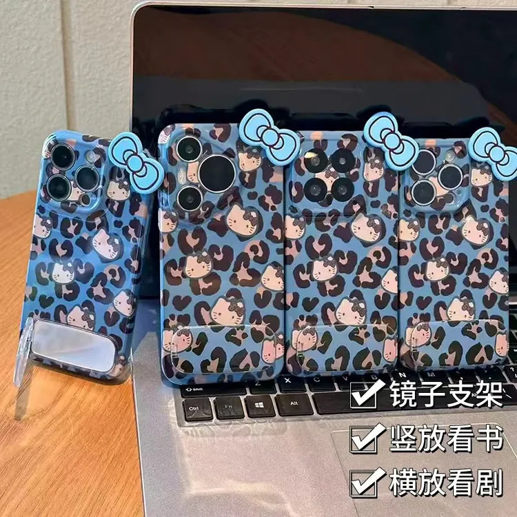 奥菲顿蓝蝴蝶结棕豹纹kt适用苹果17/16菲林手机壳华为vivoppo小米