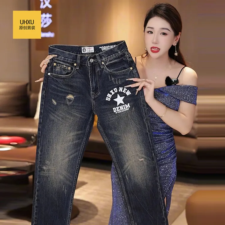 UHXU美式复古高端水洗牛仔裤男冬季潮牌刮烂休闲直筒裤男款长裤子