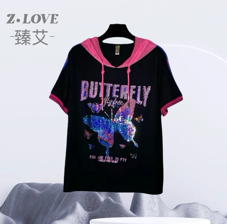 【星光蝴蝶火龙果红】507 A欧韩字母短袖休闲时尚百搭潮流