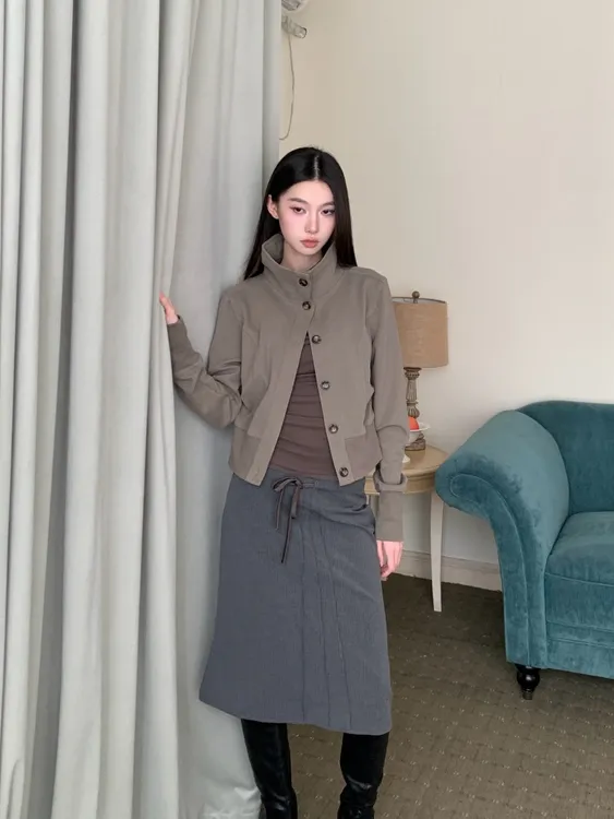 美式复古绿立领夹克外套女秋冬季2025款韩系修身收腰显瘦短款上衣
