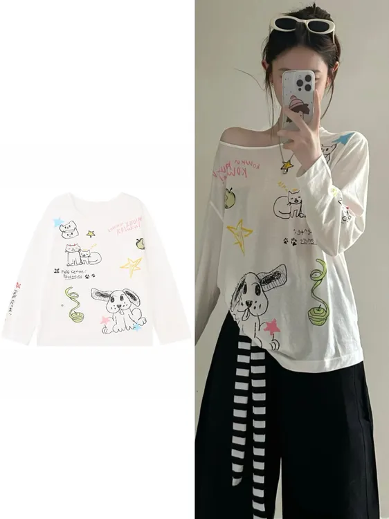 莱赛尔天丝雪花棉夏季透气百搭斜肩趣味涂鸦印花慵懒风防晒罩衫女