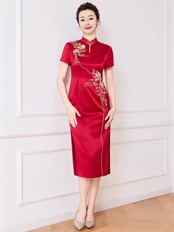 （金玉满堂）高端醋酸刺绣妈妈婆婆婚宴显瘦显年轻气质优雅时尚旗袍