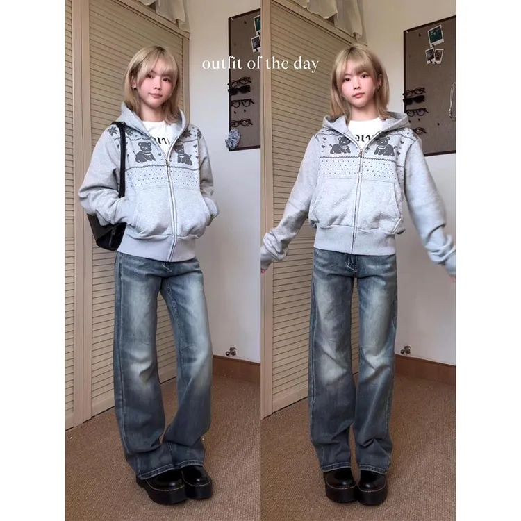 韩系复古小熊印花连帽开衫卫衣女2025秋新款宽松休闲百搭短款外套