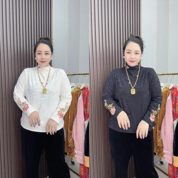 【丽姐家】冬季新款新中式国风提花花朵刺绣半高领时尚磨毛打底衫