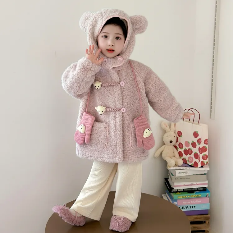 女童毛绒外套秋冬装2025新款洋气儿童加绒连帽上衣宝宝毛毛衣冬季