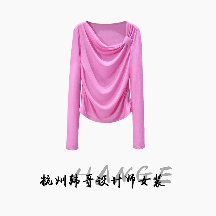 【韩哥女装】梅洛粉法式性感斜领鱼骨褶皱修身皮肤衣6937-A7