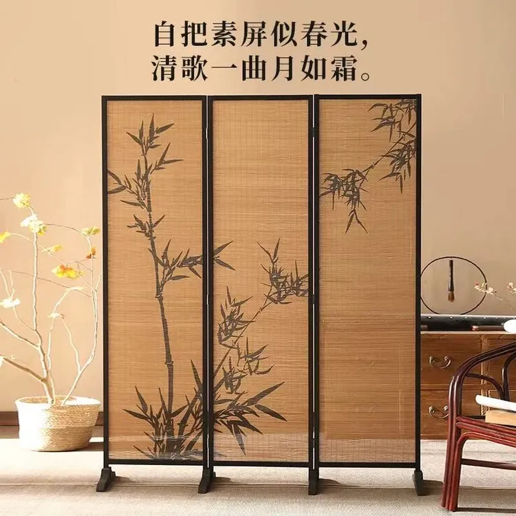 新中式隔断屏风茶楼国风竹影主题装饰墙背景茶室竹编围挡阳台改造