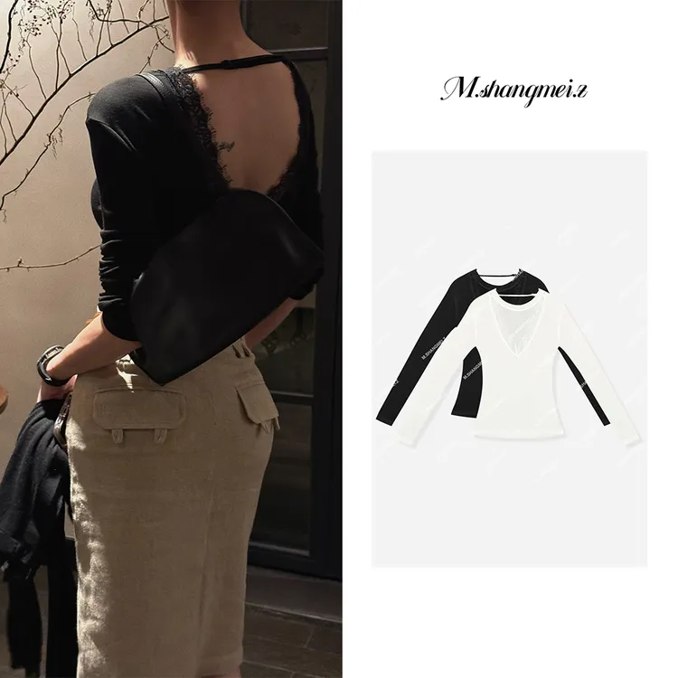 M.SHANGMEI.Z/沐熙【双V间谍】美大哥气质网红拼接v领蕾丝衫X042406