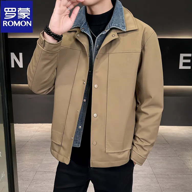 Romon/罗蒙美式拼接假两件羽绒服男款冬季潮牌翻领保暖羽绒外套男