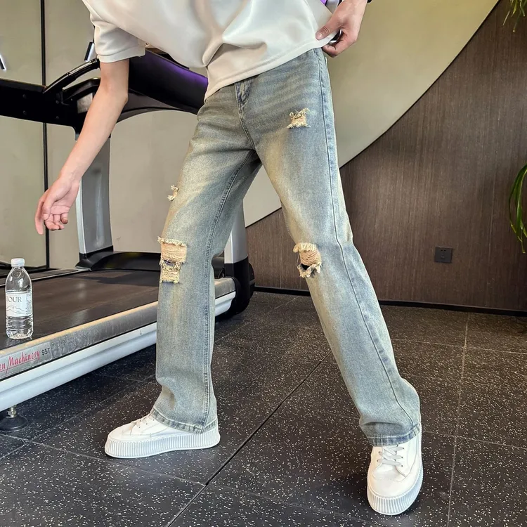 复古蓝破洞宽松牛仔裤男夏季美式高街微喇裤水洗做旧显瘦直筒裤子