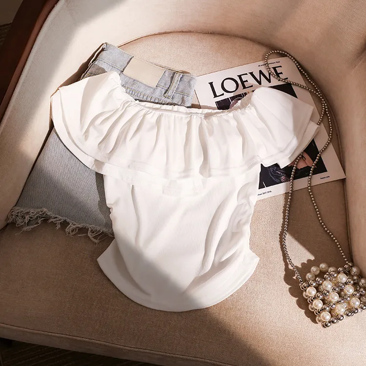 一字肩纯欲短袖T恤女夏季褶皱荷叶边设计感小众短款别致气质上衣