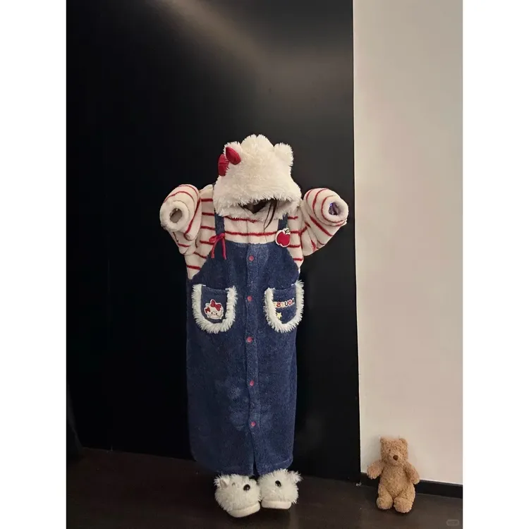 甜美风少女玛丽猫珊瑚绒睡袍女秋冬新款加绒加厚保暖家居服可外穿