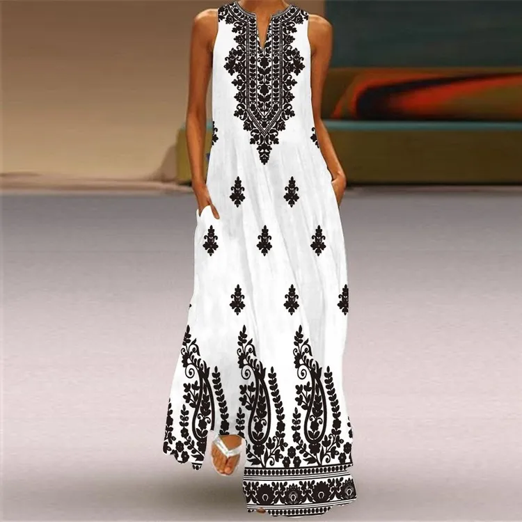 黑白印花连衣裙 复古民族风舞台走秀气质长裙 夏天薄款无袖旗袍裙
