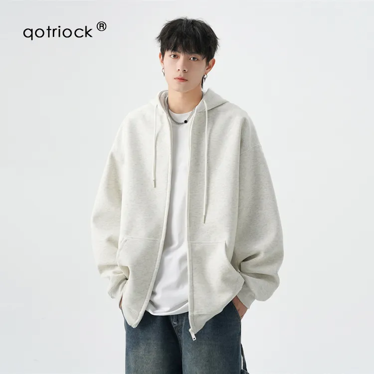 QOTRIOCK重磅纯色连帽开衫卫衣男女秋潮牌宽松oversize拉链外套