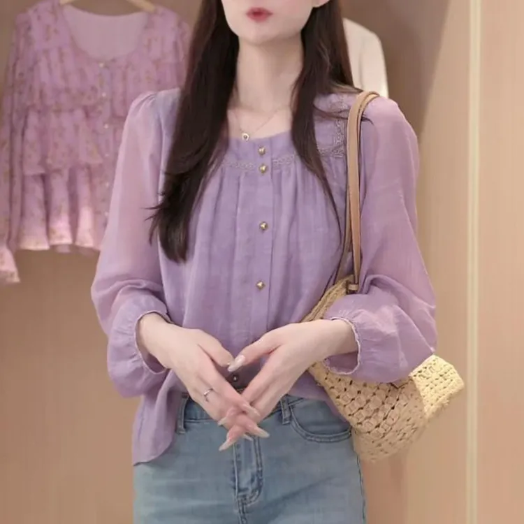 时尚法式方领长袖衬衫女2025春季新款气质显瘦设计感宽松遮肚衬衣