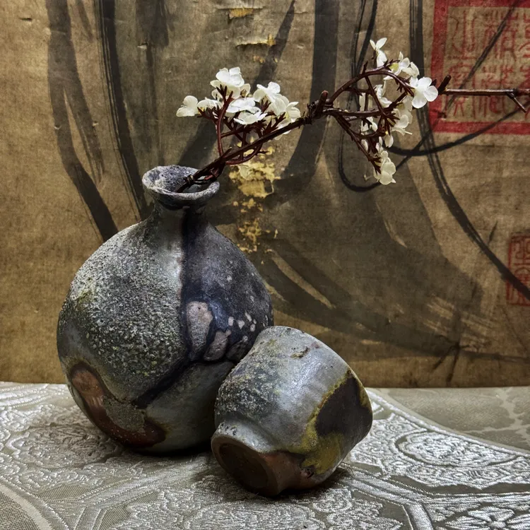 幽玄物哀·火之艺术·窑内烧连·日本备前烧·中古·松园·花器·摆件