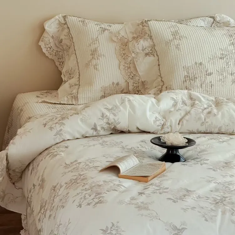 韩式大鹅～秋冬新品高端法式花边古月系列双面碎花棉麻床盖春秋被