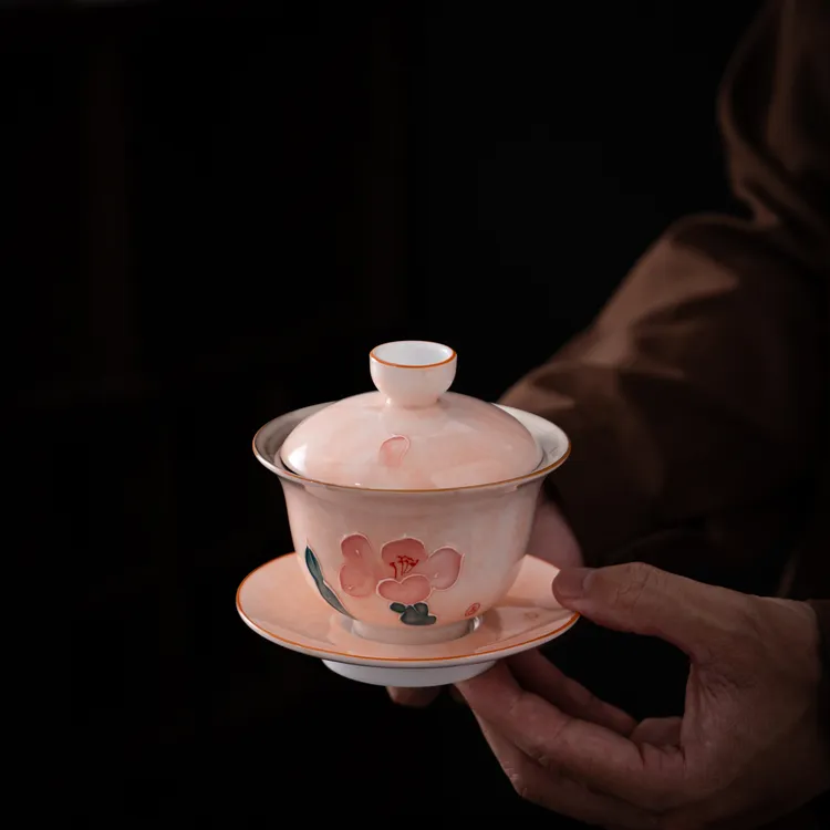 女士高档手绘粉彩山茶花陶瓷盖碗高端功夫盖碗个人用中式茶盖碗
