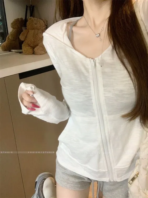 【纯棉雪花棉】薄款长袖防晒外套女2025早秋新款设计感修身连帽开衫