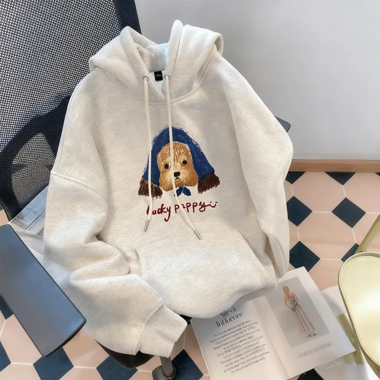 潮牌可爱小狗印花卫衣女秋冬季新款加绒加厚宽松显瘦设计百搭上衣