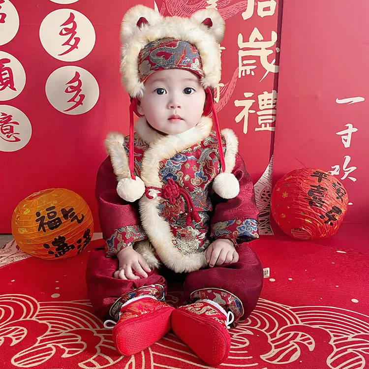 男女童拜年服中国风抓周礼服婴儿满月百天周岁宝宝服装过年衣服