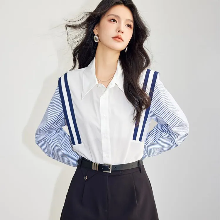 实拍有现货2025春季新款法式撞色条纹款时尚长袖显瘦气质衬衣