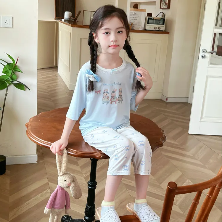 儿童睡衣夏季薄款新款莱赛尔套装韩版女童空调服女宝七分袖家居服
