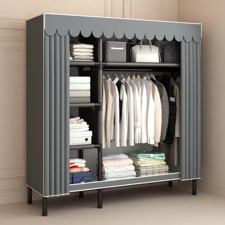 简易衣柜家用卧室钢管加粗加固组装全钢架布衣柜出租房用收纳衣橱