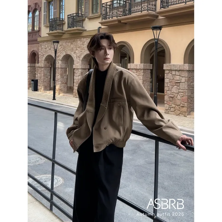 【ASHENG BRB】25A/W老钱风针织拼接翻领高级感微短款夹克男外套
