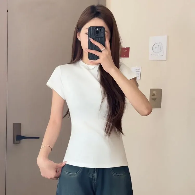 老钱风洋气白色半高领短袖T恤女2025夏季新款显瘦正肩半袖上衣潮
