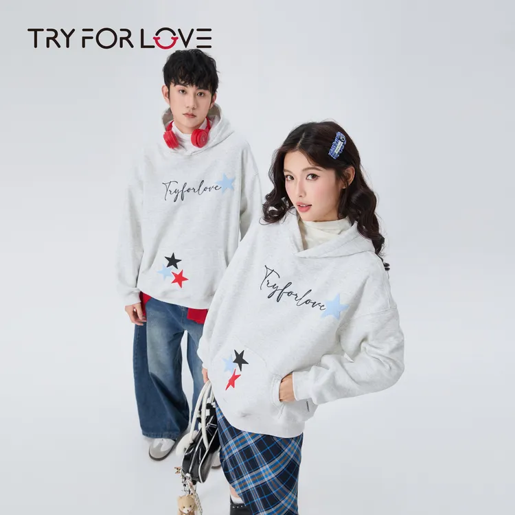 TRYFORLOVE新款连帽刺绣免烫贴情侣布卫衣加厚套头卡通秋冬外套