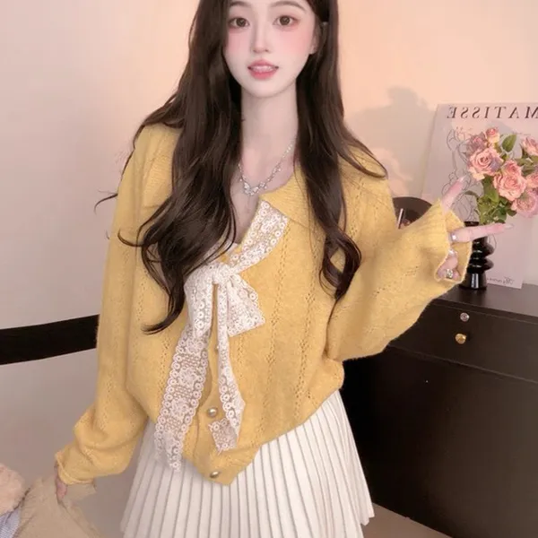 温柔风蕾丝蝴蝶结系带毛衣外套女2025秋季新款小个子针织开衫上衣