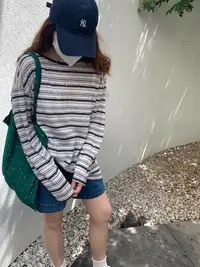 程程甄选  韩系设计感系带条纹慵懒风高级休闲百搭长袖打底衫8587