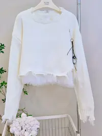 琳心丨早秋新白色设计感破洞美学法式裙边针织衫 2265