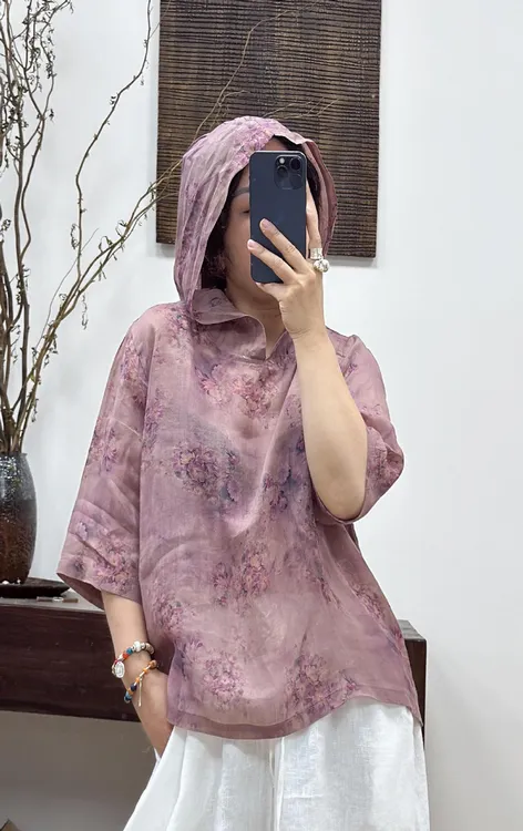 春夏季文艺宽松中国风苎麻印花连帽短袖套头女衫