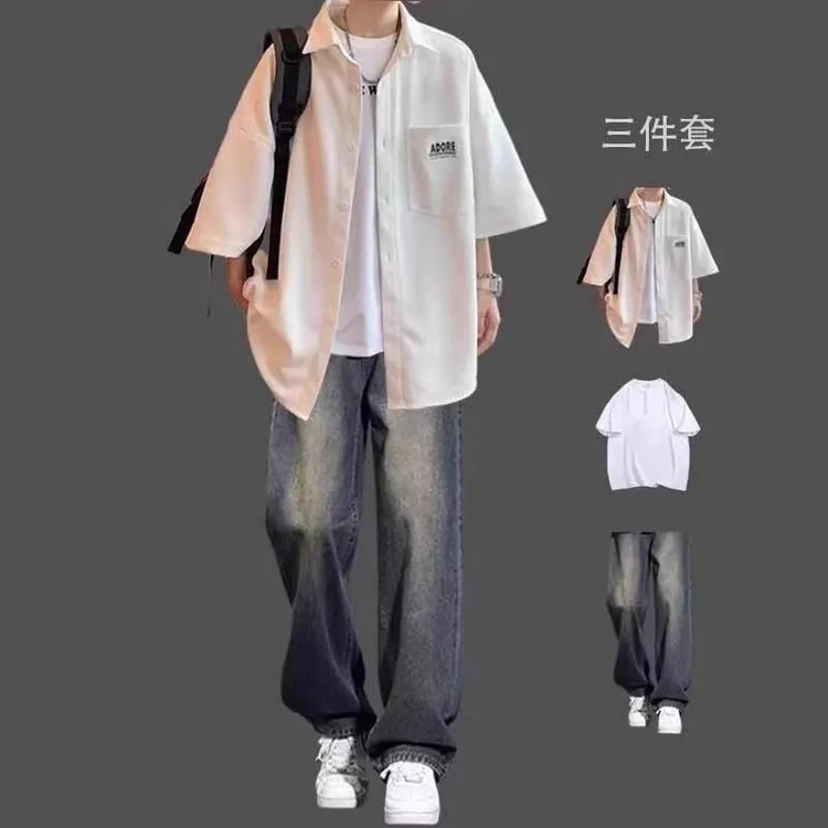 华夫格短袖衬衫男夏季休闲套装外套cityboy衬衣男装一套搭配潮流