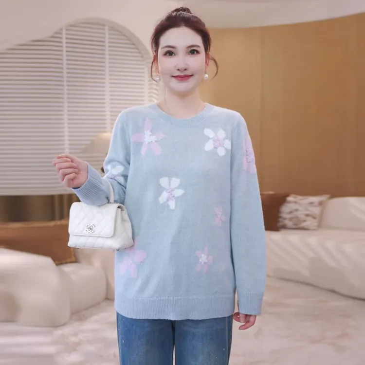 【13支绵羊毛】MsShe大码女装冬装显瘦钩花针织毛衣上衣S~E2509001