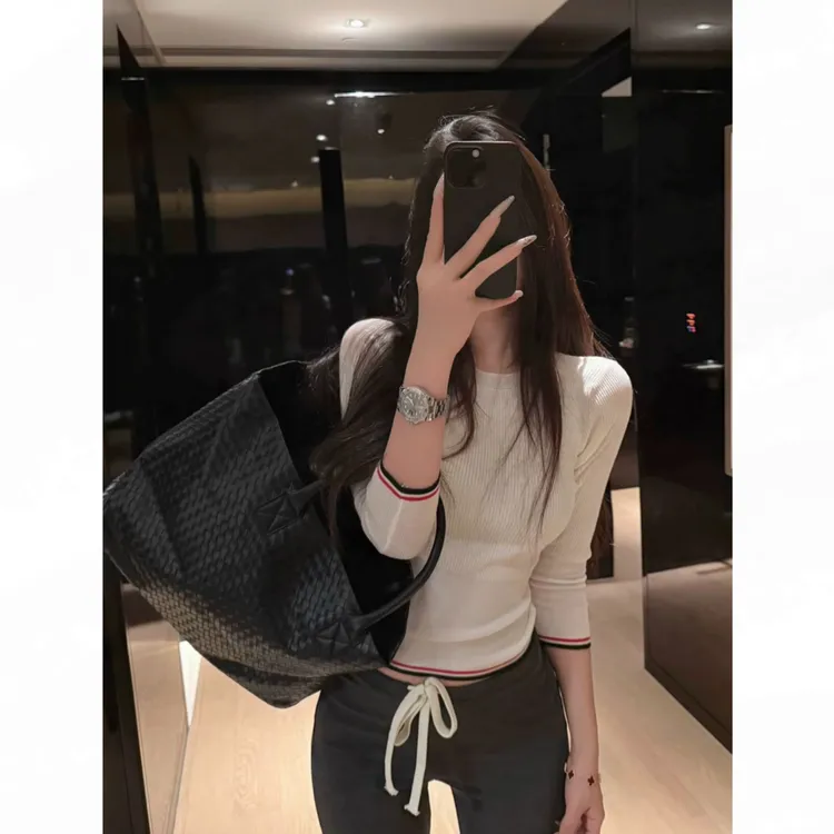 气质姐姐撞色半袖针织衫 · 灰色/白色