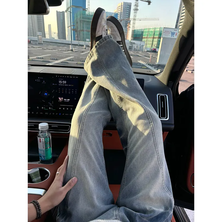 美式扎染闪电纹牛仔裤男款冬季加绒vibe裤子复古水洗显瘦微喇裤潮