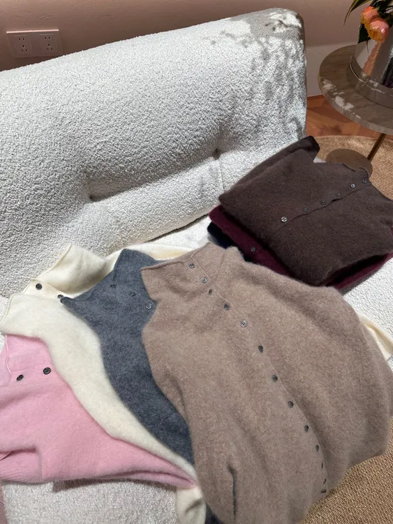 【拉绒高领小圆扣】无缝堆堆领高领羊绒+羊毛开衫针织衫女