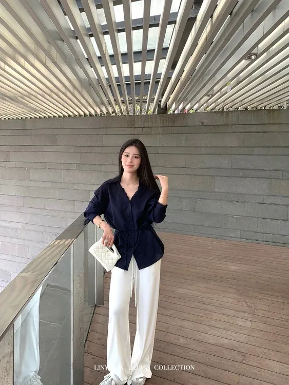 超柔感拼接蕾丝系带收腰设计感衬衫夏季宽松显瘦中长款上衣