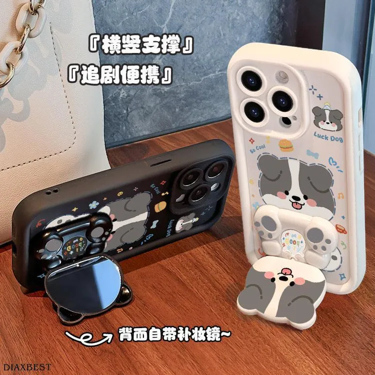 适用苹果oppo华为vivo小米|小狗旋转镜子支架卡通全包防摔手机壳